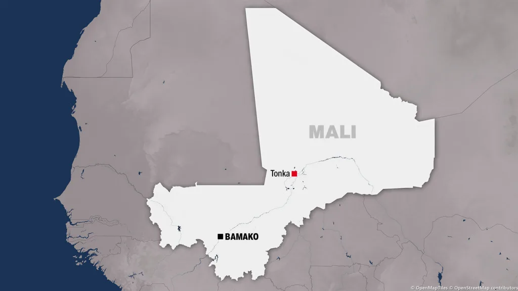 Scène de marché animé dans une ville du Sahel, illustrant le contexte des violences au Mali
