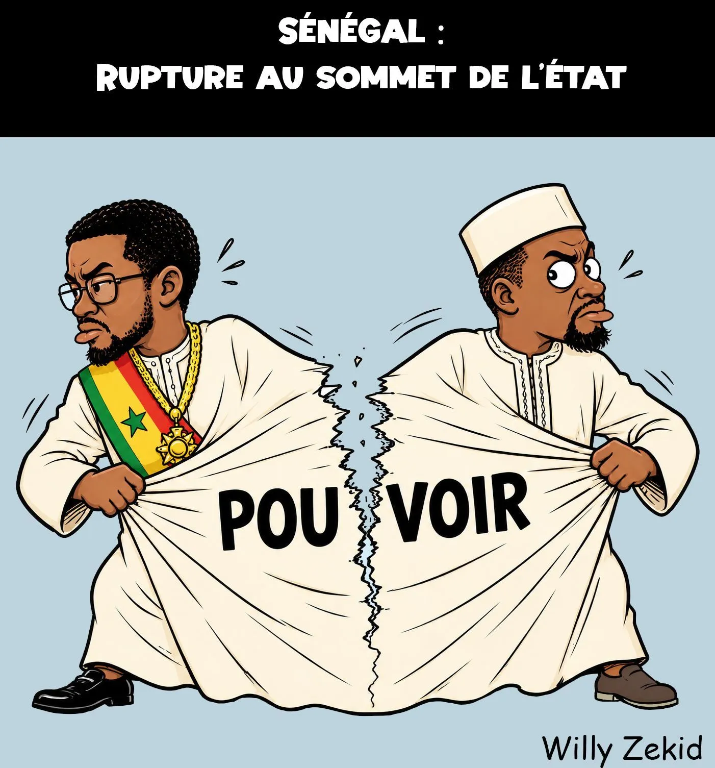 Caricature illustrant la rupture politique entre Ousmane Sonko et Bassirou Diomaye Faye au Sénégal, avec la mention 'pouvoir' sur leur tunique déchirée.