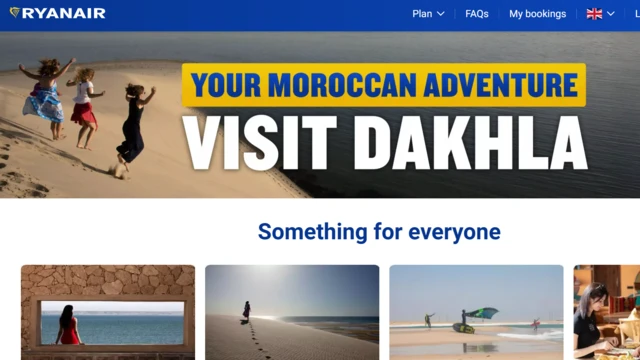 Capture d'écran d'une campagne d'e-mails de Ryanair, faisant la promotion de vols vers le Sahara occidental