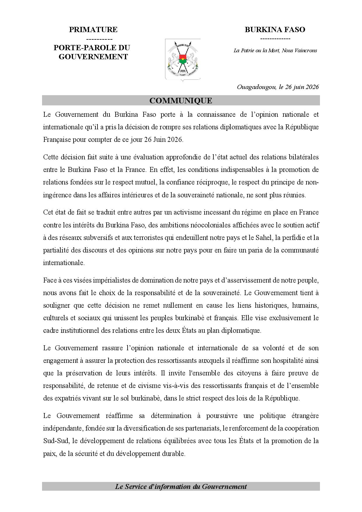 Texte officiel de la rupture diplomatique